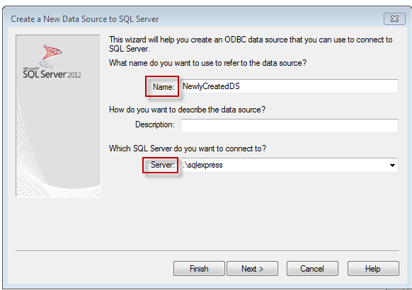 Create a New Data Source to SQL Server dialog box