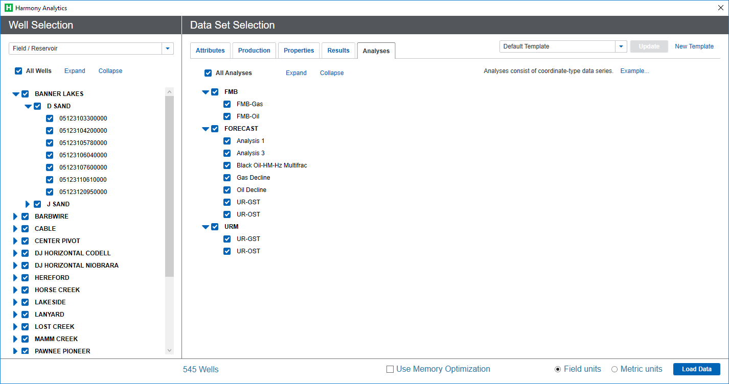 Harmony Analytics dialog box